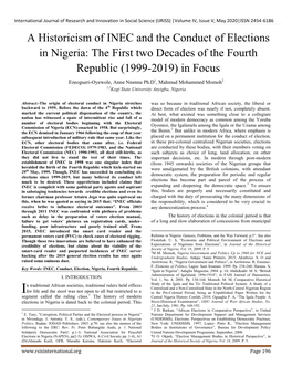 A Historicism of INEC and the Conduct of Elections in Nigeria: the First Two Decades of the Fourth Republic (1999-2019) in Focus