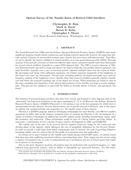 Optical Survey of the Tumble Rates of Retired GEO Satellites Christopher R. Binz Mark A. Davis∗ Bernie E. Kelm Christopher I