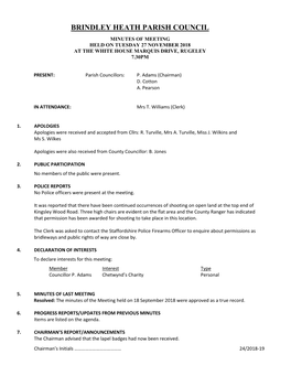 Minutes of Meeting Held on Tuesday 27 November 2018 at the White House Marquis Drive, Rugeley 7.30Pm