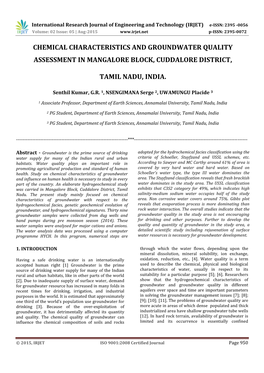 Chemical Characteristics and Groundwater Quality Assessment in Mangalore Block, Cuddalore District