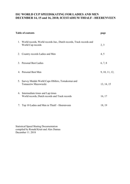ISU WORLD CUP SPEEDSKATING for LADIES and MEN DECEMBER 14, 15 and 16, 2018; ICESTADIUM THIALF - HEERENVEEN