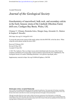 Geochemistry of Macrofossil, Bulk Rock, and Secondary Calcite in the Early Jurassic Strata of the Llanbedr (Mochras Farm) Drill Core, Cardigan Bay Basin, Wales, UK