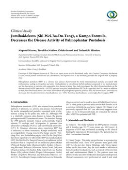 Jumihaidokuto (Shi-Wei-Ba-Du-Tang), a Kampo Formula, Decreases the Disease Activity of Palmoplantar Pustulosis