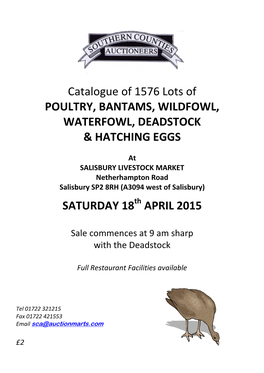 Catalogue of 1576 Lots of POULTRY, BANTAMS, WILDFOWL, WATERFOWL, DEADSTOCK & HATCHING EGGS