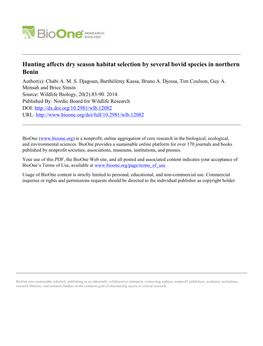 Hunting Affects Dry Season Habitat Selection by Several Bovid Species in Northern Benin Author(S): Chabi A