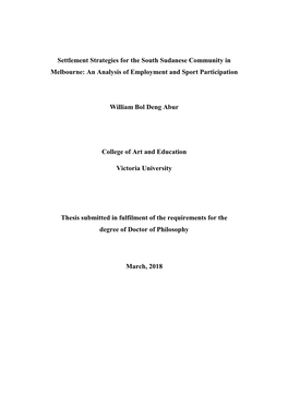 Settlement Strategies for the South Sudanese Community in Melbourne: an Analysis of Employment and Sport Participation