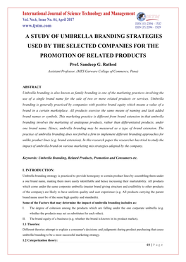 A STUDY of UMBRELLA BRANDING STRATEGIES USED by the SELECTED COMPANIES for the PROMOTION of RELATED PRODUCTS Prof