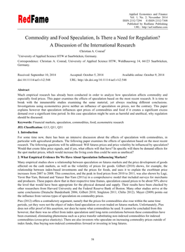 Commodity and Food Speculation, Is There a Need for Regulation? a Discussion of the International Research Christian A