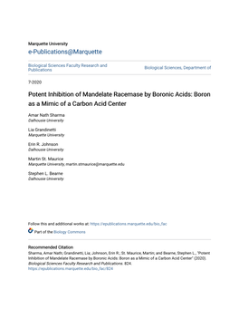 Potent Inhibition of Mandelate Racemase by Boronic Acids: Boron As a Mimic of a Carbon Acid Center