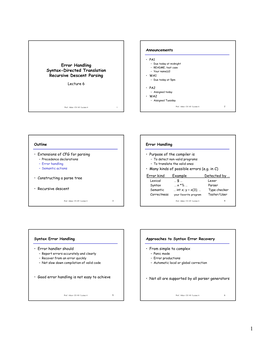 Error Handling Syntax-Directed Translation Recursive Descent