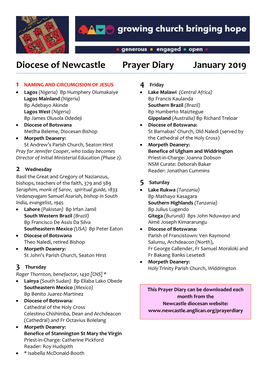 Diocese of Newcastle Prayer Diary January 2019