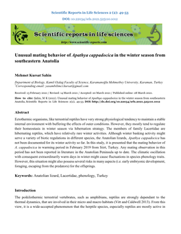 Unusual Mating Behavior of Apathya Cappadocica in the Winter Season from Southeastern Anatolia