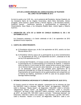 Acta De La Sesión Ordinaria Del Consejo Nacional De Televisión Del Lunes 9 De Septiembre De 2013