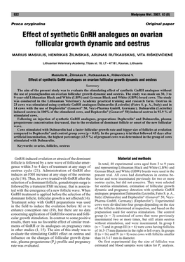 Effect of Synthetic Gnrh Analogues on Ovarian Follicular Growth Dynamic and Oestrus