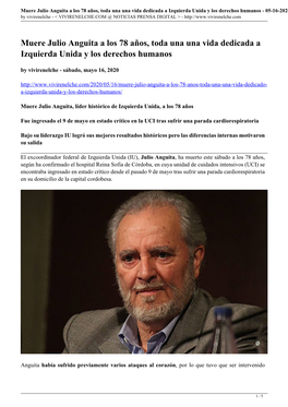 Muere Julio Anguita a Los 78 Años, Toda Una Una Vida Dedicada a Izquierda Unida Y Los Derechos Humanos