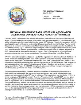 Napha Celebrates Conneaut Lake Park's 125Th Birthday