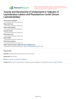 Toxicity and Genotoxicity of Imidacloprid in Tadpoles of Leptodactylus Latrans and Physalaemus Cuvieri (Anura: Leptodactylidae)