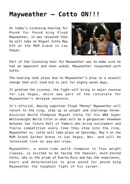 Mayweather – Cotto ON!!!