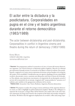 El Actor Entre La Dictadura Y La Posdictadura. Corporalidades En Pugna En El Cine Y El Teatro Argentinos Durante El Retorno Democrático (1983/1989)