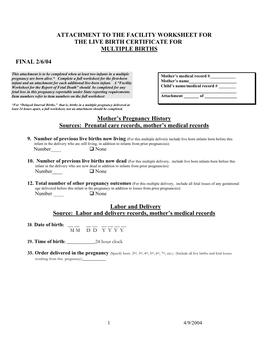 Attachment to the Facility Worksheet for the Live Birth Certificate for Multiple Births