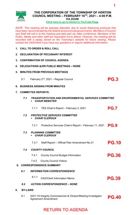 The Corporation of the Township of Horton Council Meeting – February 16Th, 2021 – 4:00 P.M