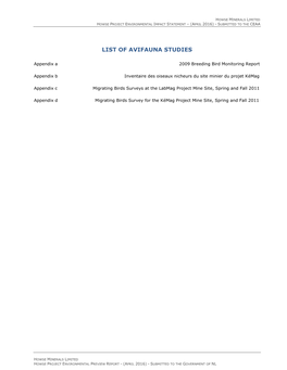 List of Avifauna Studies