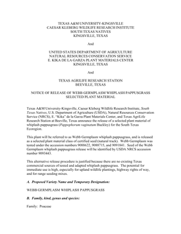 Notice of Release of Webb Germplasm Whiplash Pappusgrass Selected Plant Material