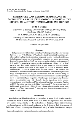 Respiratory and Cardiac Performance in Lolliguncula Brevis (Cephalopoda, Myopsida): the Effects of Activity, Temperature and Hypoxia