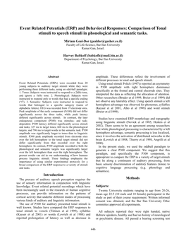 Event Related Potentials (ERP) and Behavioral Responses: Comparison of Tonal Stimuli to Speech Stimuli in Phonological and Semantic Tasks