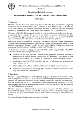 Advantame Chemical and Technical Assessment Prepared by Ivan Stankovic, Ph.D