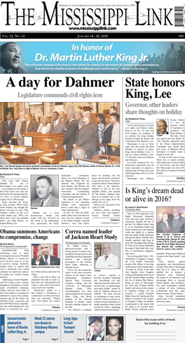 A Day for Dahmer State Honors Legislature Commends Civil Rights Icon King, Lee Governor, Other Leaders Share Thoughts on Holiday