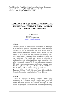 Agama Ageming Aji: Kekayaan Spiritualitas Kepercayaan Terhadap Tuhan Yme Dan Tantangan Penerimaannya