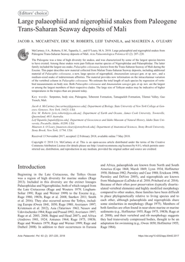 Large Palaeophiid and Nigerophiid Snakes from Paleogene Trans-Saharan Seaway Deposits of Mali