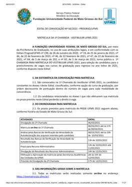 Edital De Convocação Nº 66/2021 - Prograd/Ufms