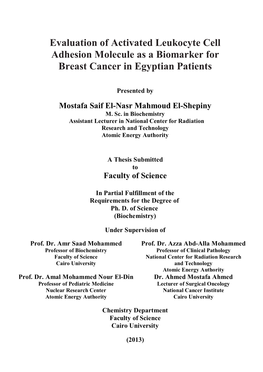 Evaluation of Activated Leukocyte Cell Adhesion Molecule As a Biomarker for Breast Cancer in Egyptian Patients