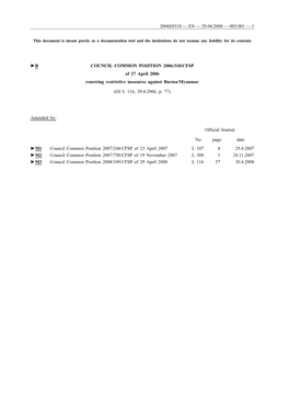 B COUNCIL COMMON POSITION 2006/318/CFSP of 27 April 2006 Renewing Restrictive Measures Against Burma/Myanmar