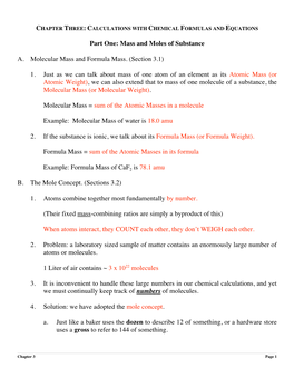 Part One: Mass and Moles of Substance A. Molecular Mass and Formula Mass. (Section 3.1) 1. Just As We Can Talk About Mass Of