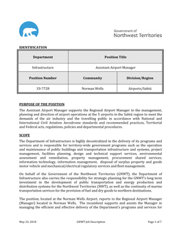 IDENTIFICATION Department Position Title Infrastructure Assistant Airport Manager Position Number Community Division/Region 33-7