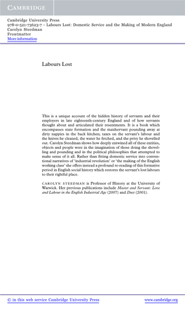 Labours Lost: Domestic Service and the Making of Modern England Carolyn Steedman Frontmatter More Information