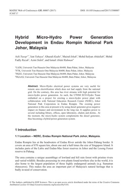 Hybrid Micro-Hydro Power Generation Development in Endau Rompin National Park Johor, Malaysia