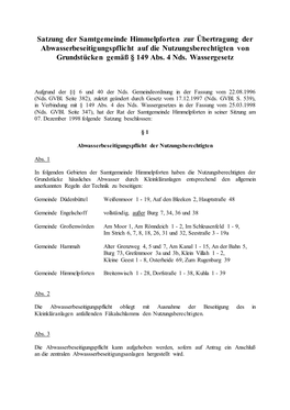 Satzung Der Samtgemeinde Himmelpforten Zur Übertragung Der Abwasserbeseitigungspflicht Auf Die Nutzungsberechtigten Von Grundstücken Gemäß § 149 Abs