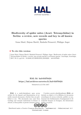 Acari: Tetranychidae) in Serbia: a Review, New Records and Key to All Known Species Ivana Marić, Dejean Marčić, Radmila Petanović, Philippe Auger