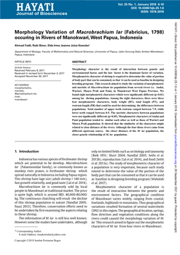 Morphology Variation of Macrobrachium Lar (Fabricius, 1798) Occuring in Rivers of Manokwari, West Papua, Indonesia