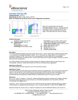 Anti-Rat Cd11b/C PE Catalog Number: 12-0110 Also Known As: Mac1, Ic3b, Cd11c, Cd11b RUO: for Research Use Only