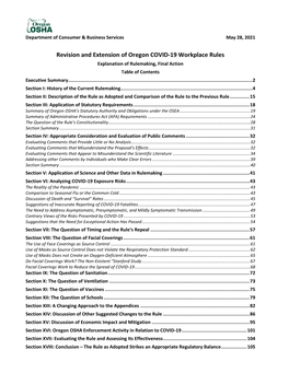 Revision and Extension of Oregon COVID-19 Workplace Rules Explanation of Rulemaking, Final Action Table of Contents Executive Summary