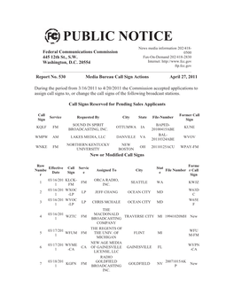 PUBLIC NOTICE News Media Information 202/418- Federal Communications Commission 0500 445 12Th St., S.W