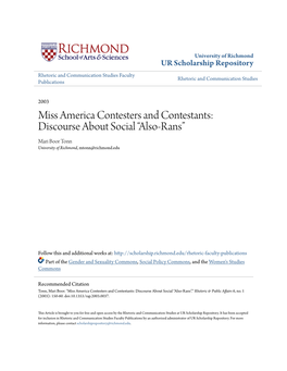 Miss America Contesters and Contestants: Discourse About Social “Also-Rans” Mari Boor Tonn University of Richmond, Mtonn@Richmond.Edu