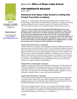 Office of Mayor Libby Schaaf for IMMEDIATE