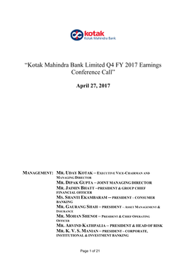 “Kotak Mahindra Bank Limited Q4 FY 2017 Earnings Conference Call”