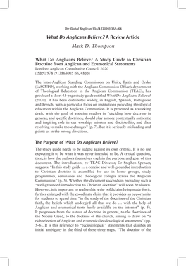 What Do Anglicans Believe? a Review Article Mark D. Thompson